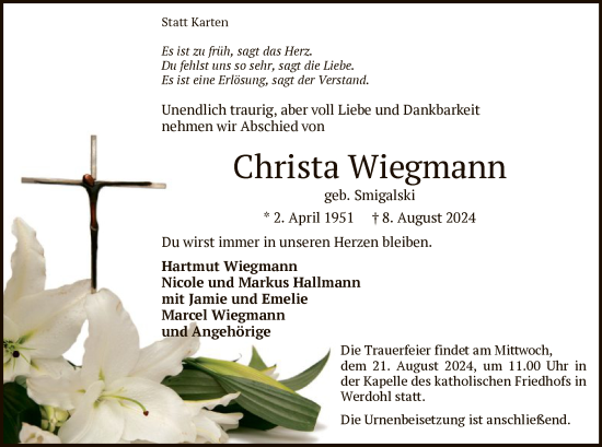 Todesanzeige von Christa Wiegmann von WA