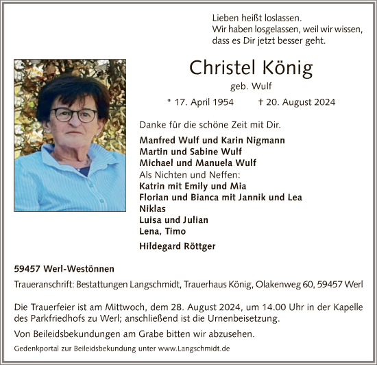 Todesanzeige von Christel König von WA