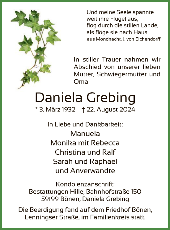 Todesanzeige von Daniela Grebing von WA