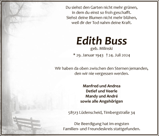 Todesanzeige von Edith Buss von WA