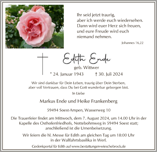 Todesanzeige von Edith Ende von WA