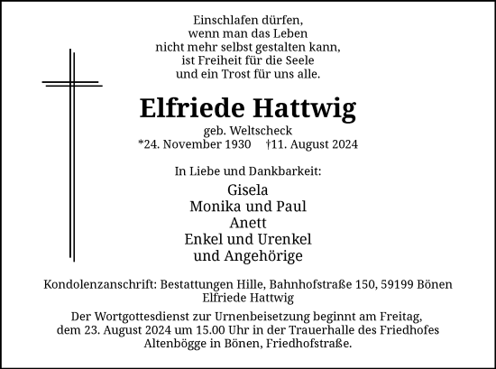 Todesanzeige von Elfriede Hattwig von WA