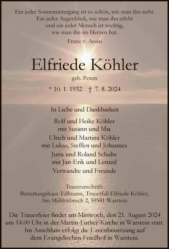 Todesanzeige von Elfriede Köhler von WA