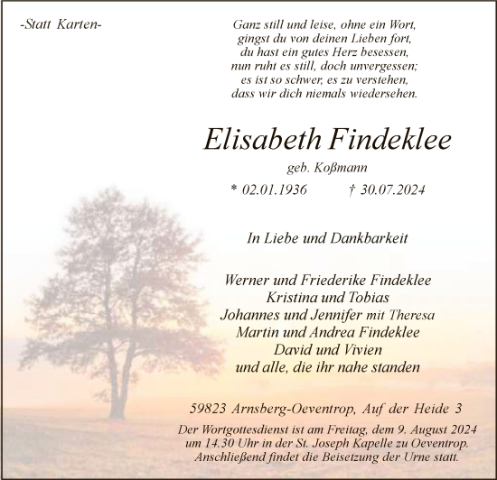 Todesanzeige von Elisabeth Findeklee von WA