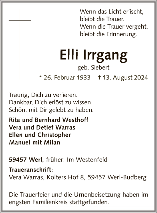 Todesanzeige von Elli Irrgang von WA