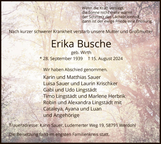 Todesanzeige von Erika Busche von WA