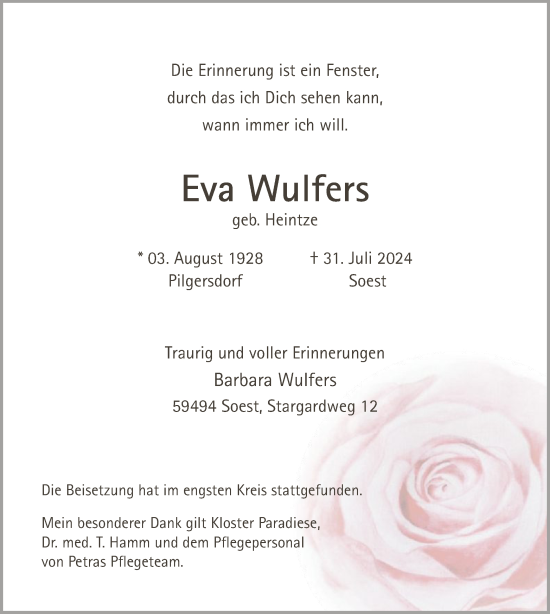 Todesanzeige von Eva Wulfers von WA