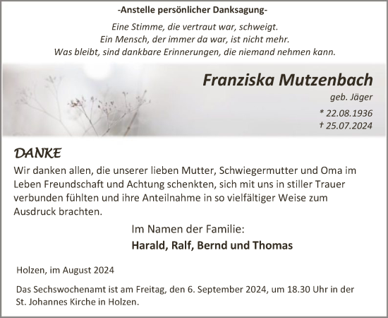 Todesanzeige von Franziska Mutzenbach von WA