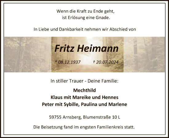 Todesanzeige von Fritz Heimann von WA