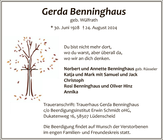 Todesanzeige von Gerda Benninghaus von WA