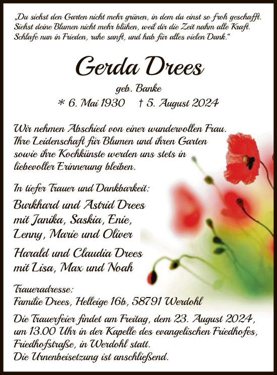 Todesanzeige von Gerda Drees von WA