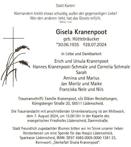 Todesanzeige von Gisela Kranenpoot von WA