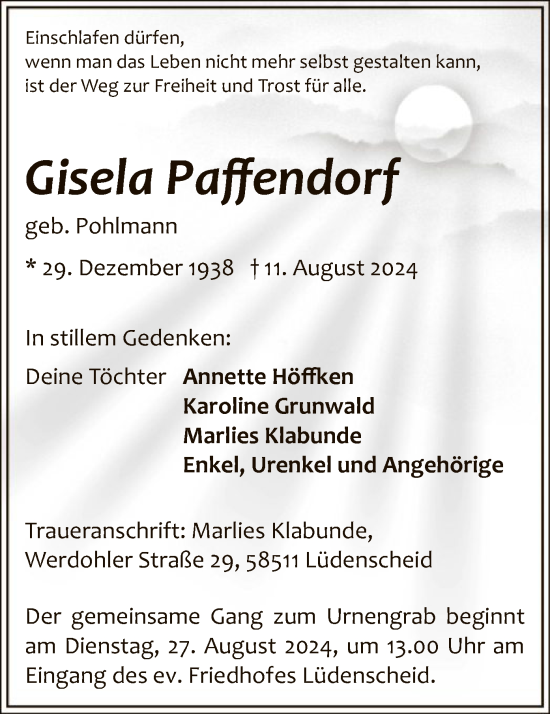 Todesanzeige von Gisela Paffendorf von WA