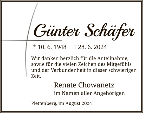 Todesanzeige von Günter Schäfer von WA