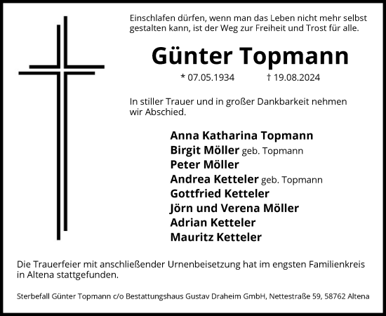 Todesanzeige von Günter Topmann von WA