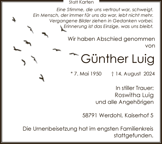 Todesanzeige von Günther Luig von WA