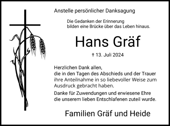 Todesanzeige von Hans Gräf von WA