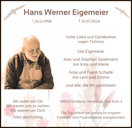 Todesanzeige von Hans Werner Eigemeier von WA