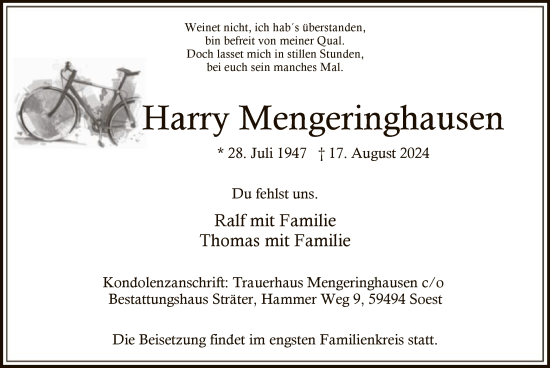 Todesanzeige von Harry Mengeringhausen von WA