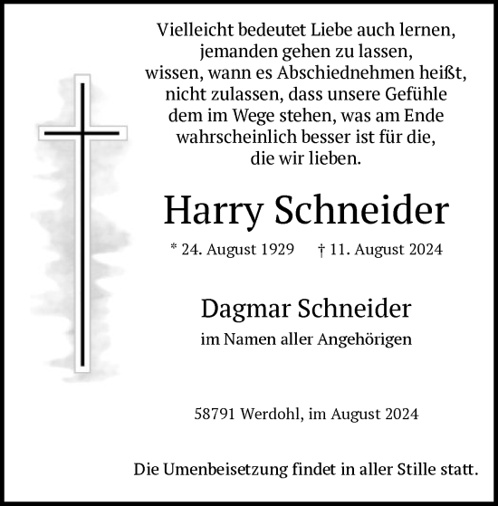 Todesanzeige von Harry Schneider von WA