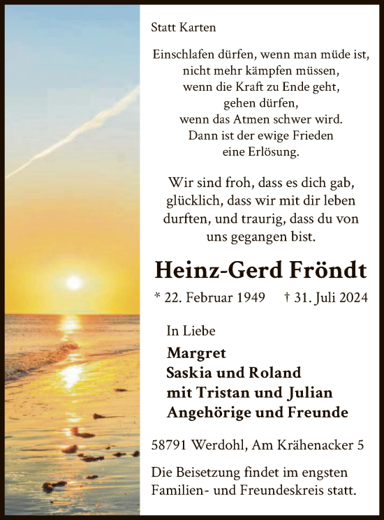 Todesanzeige von Heinz-Gerd Fröndt von WA