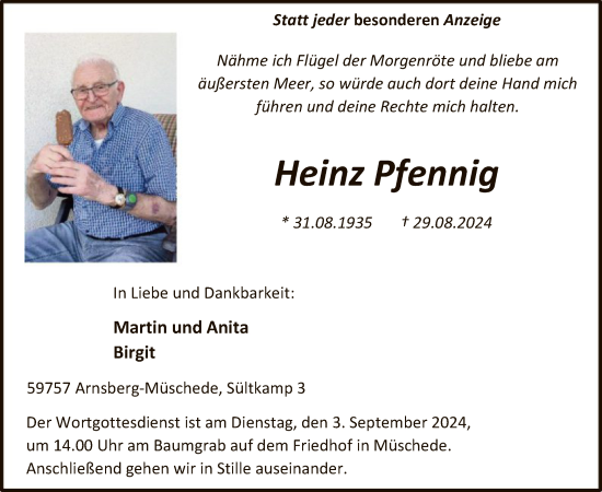 Todesanzeige von Heinz Pfennig von WA