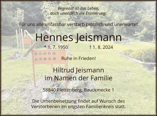 Todesanzeige von Hennes Jeismann von WA