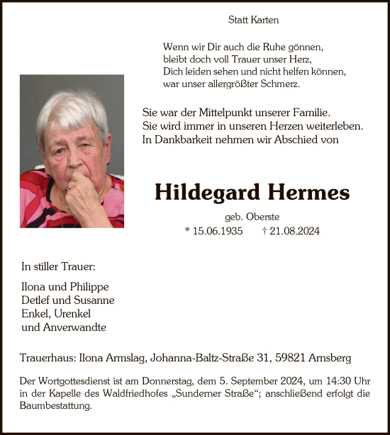 Todesanzeige von Hildegard Hermes von WA