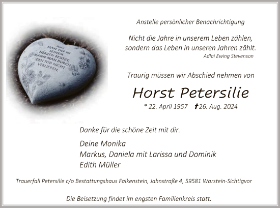 Todesanzeige von Horst Petersilie von WA