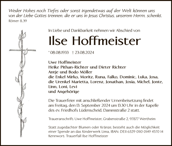 Todesanzeige von Ilse Hoffmeister von WA