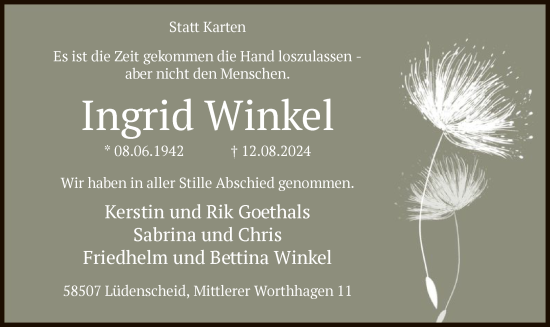 Todesanzeige von Ingrid Winkel von WA