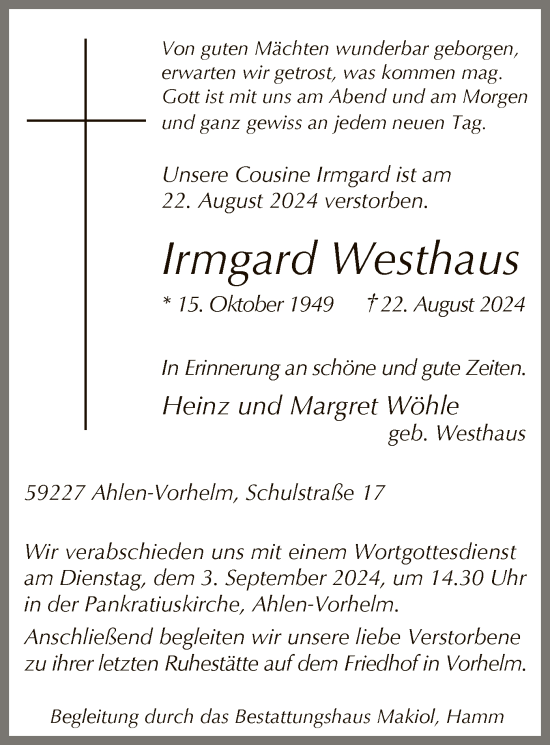 Todesanzeige von Irmgard Westhaus von WA