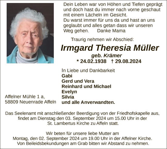 Todesanzeige von Irmgard Theresia Müller von WA