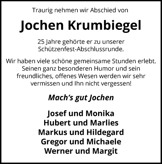 Todesanzeige von Jochen Krumbiegel von WA