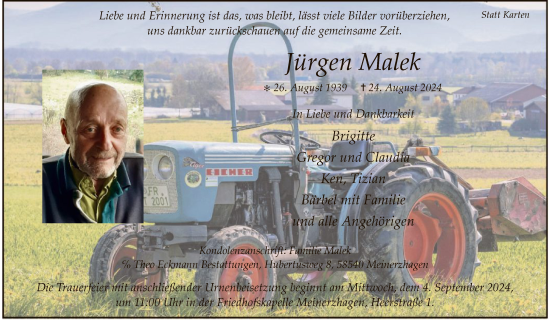 Todesanzeige von Jürgen Malek von WA