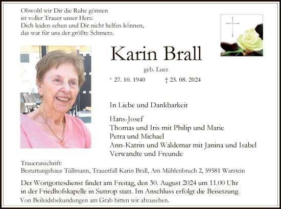 Todesanzeige von Karin Brall von WA