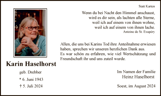 Todesanzeige von Karin Haselhorst von WA