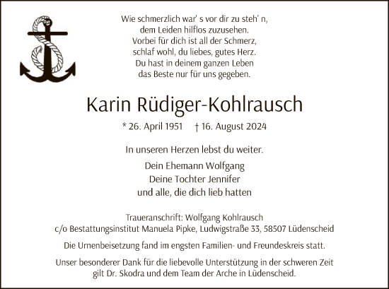 Todesanzeige von Karin Rüdiger-Kohlrausch von WA