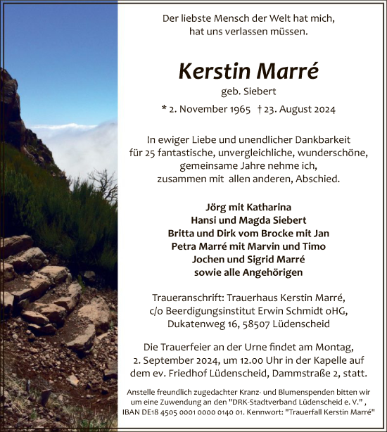 Todesanzeige von Kerstin Marre von WA