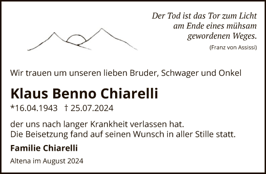 Todesanzeige von Klaus Benno Chiarelli von WA