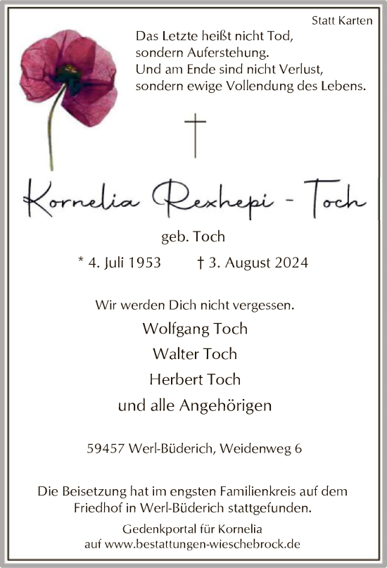 Todesanzeige von Kornelia Rexhepi-Toch von WA