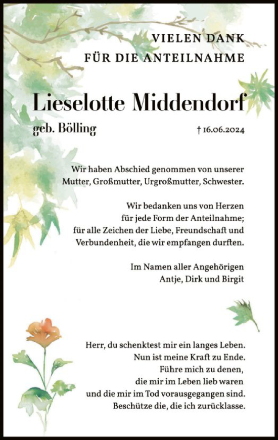 Todesanzeige von Lieselotte Middendorf von WA