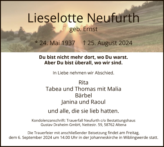 Todesanzeige von Lieselotte Neufurth von WA