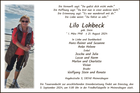 Todesanzeige von Lilo Lohbeck von WA