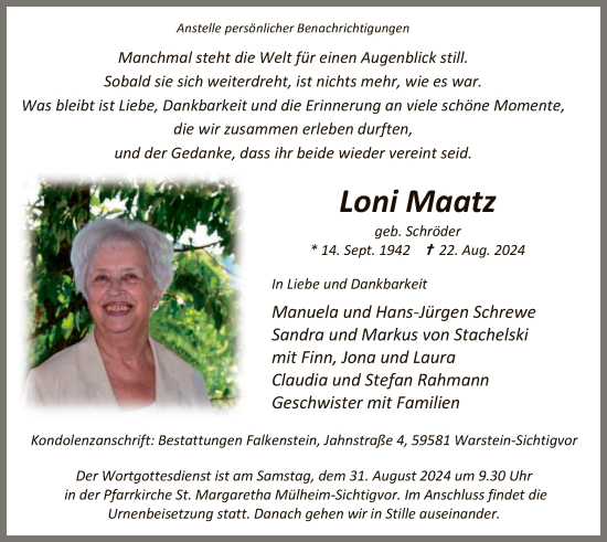 Todesanzeige von Loni Maatz von WA