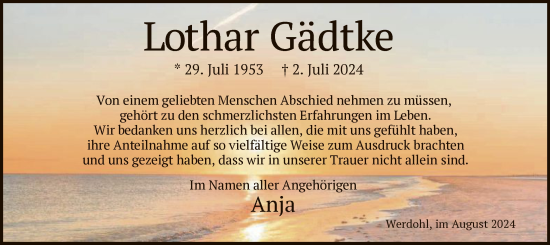 Todesanzeige von Lothar Gädtke von WA