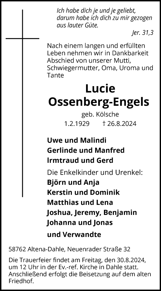 Todesanzeige von Lucie Ossenberg-Engeles von WA