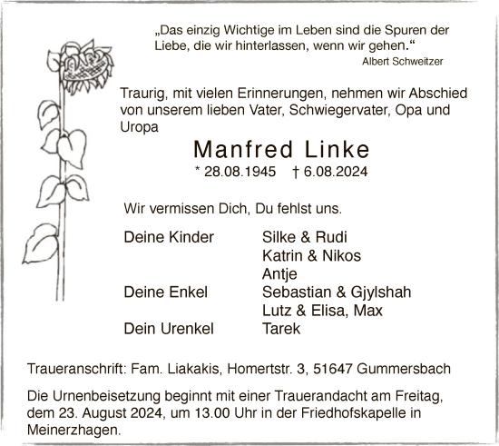 Todesanzeige von Manfred Linke von WA