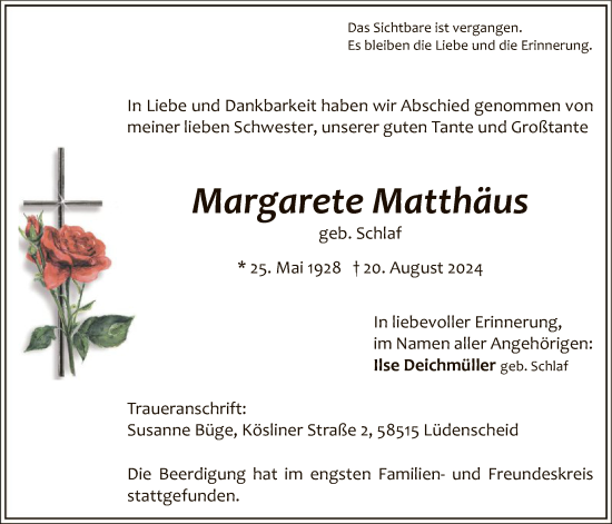 Todesanzeige von Margarete Matthäus von WA