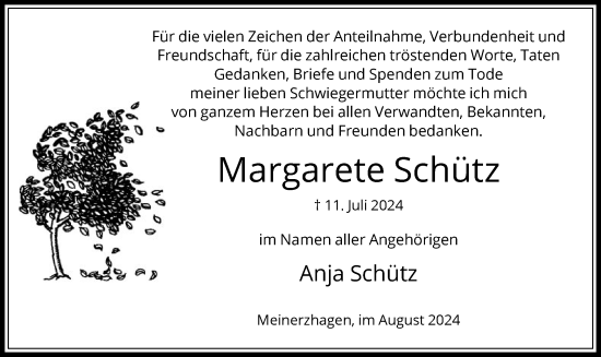 Todesanzeige von Margarete Schütz von WA